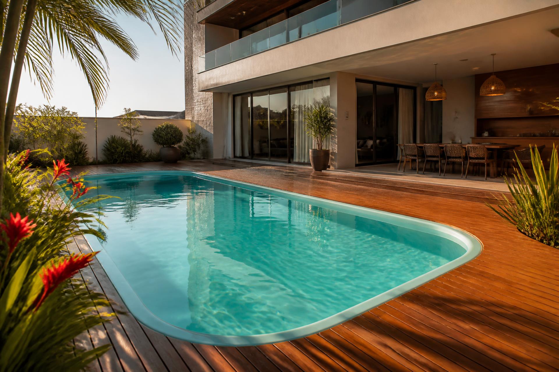 Piscina de fibra com água cristalina instalada no quintal de uma residência moderna (imagem demonstrativa)